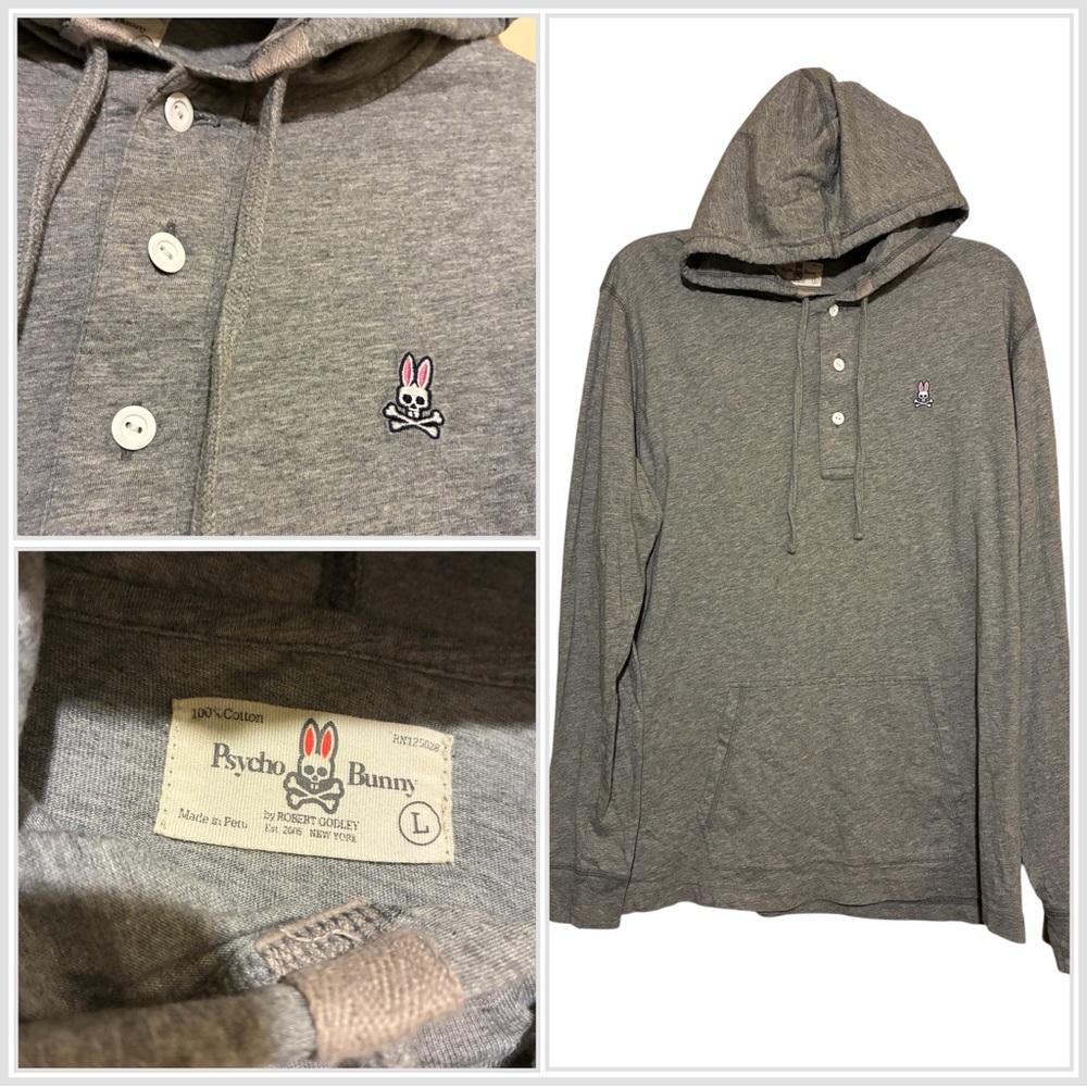 PSYCHO BUNNY ROBERT GODLEY GRAY HENLEY HOODIE LIGHT SWEATER SHIRT MENS Sz L